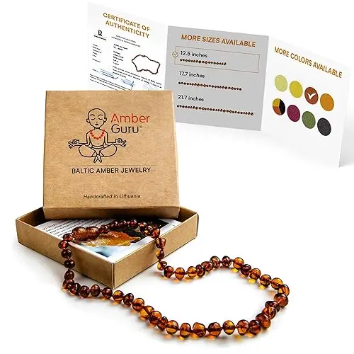 Baltic Amber Necklace (Authentic, Certified) - 12.5 inches - Unisex Jewelry - Cognac (Polished) - Real Amber Beads - Proud to Deliver Genuine Baltic Sea Wonder - Ambar