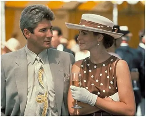 Pretty Woman (1990) 8 Inch x 10 Inch photograph Julia Roberts Brown/White Dress & Hat w/Richard Gere Grey Suit kn