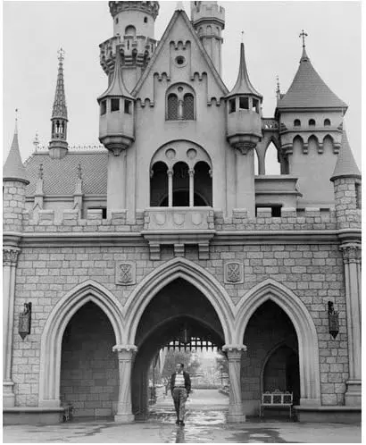 Walt Disney 8 inch x 10 inch Photo in front of Castle black & white