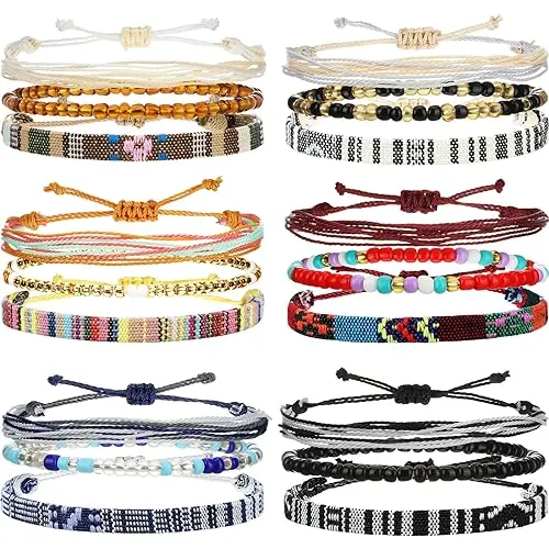 Yinkin 18 Pcs Boho Surfer Ankle Bracelet for Women Men Adjustable Beaded Anklets Unisex Handmade Braided Bracelet Waterproof Surfer Beach Bracelet Anklet Bracelet String Rope Jewelry(Boho Style)