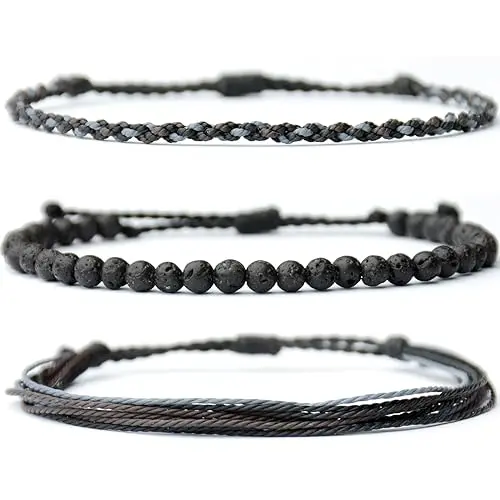 Handmade Natural Stone Beaded Healing Bracelet Gift for Men Adjustable String Bracelets (Lava Rock)