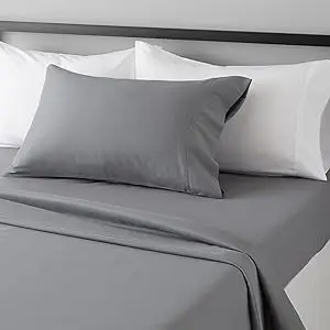 Amazon Basics Lightweight Super Soft Easy Care Microfiber 3-Piece Bed Sheet Set With 14-inch Deep Pockets, Twin XL, Dark Gray, Solid